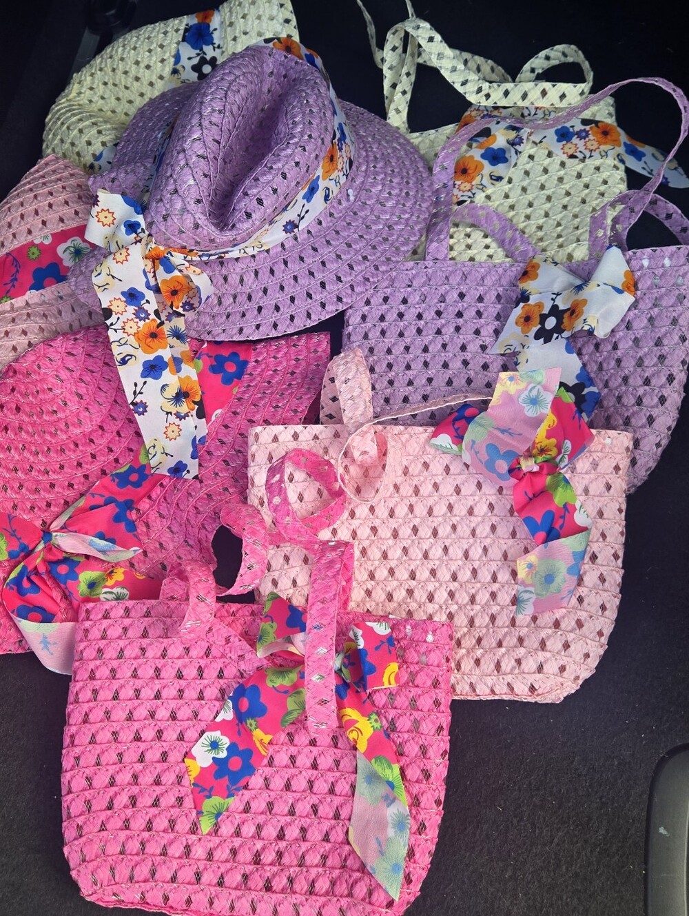 Kids Straw Tote Bag with Floral Bow - Pink & Lavender